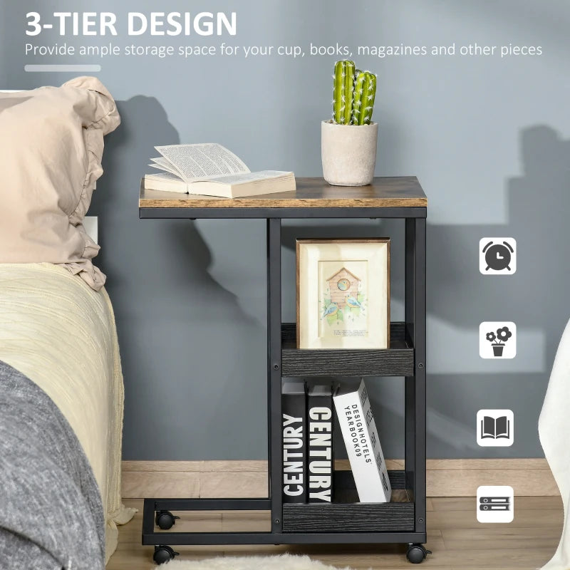 3-Tier C-Shaped Side Table / Bedside Nightstand with 2 Shelves and Laptop Tabletop and Lockable Wheels