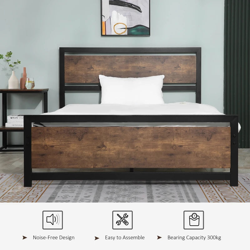 Rustic Style Double Bed Frame with Headboard & Footboard and Underbed Storage Space