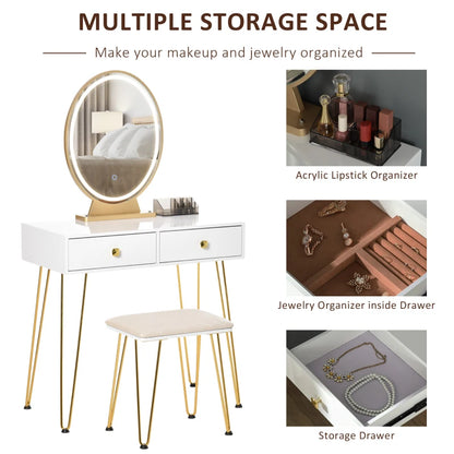 Dressing Table with Built in LED Circular Mirror, 2-Drawer Storage and Cushioned Stool