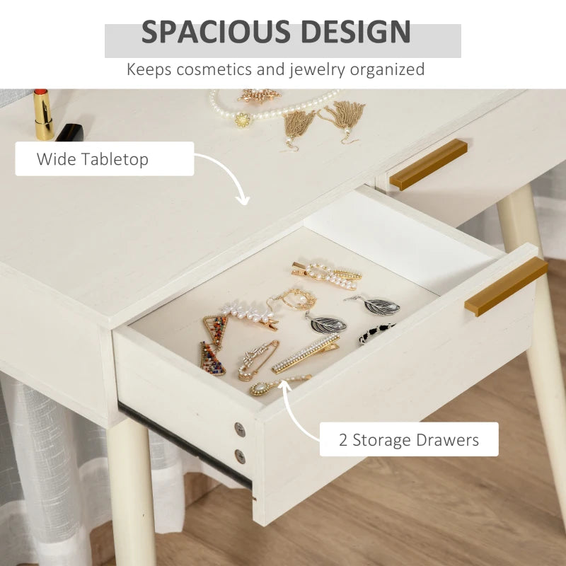 Modern Dressing Table with Gold Tone Circular Mirror and 2-Drawer Storage