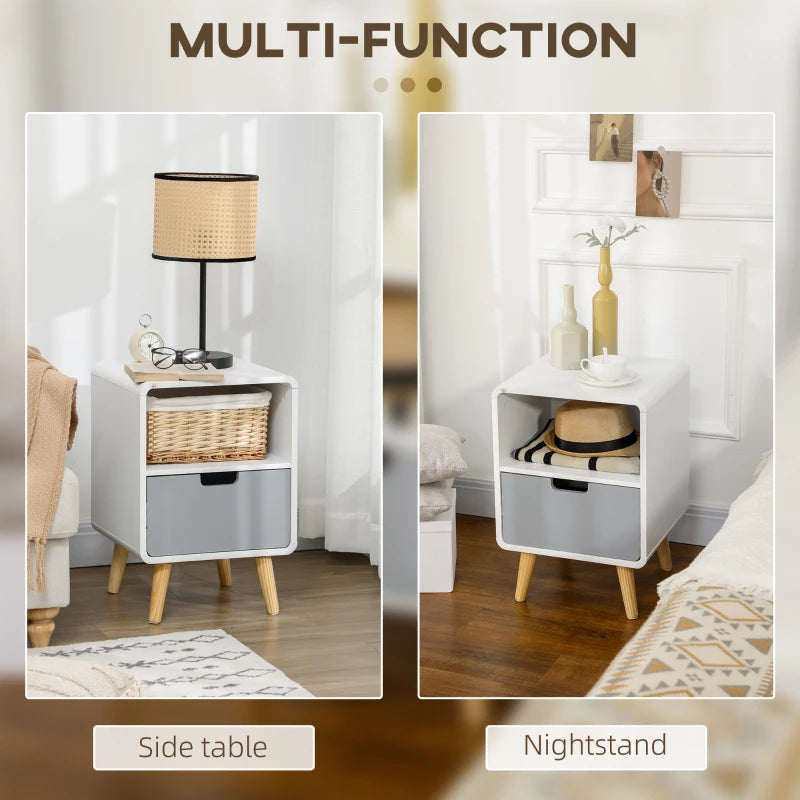 Two-Tone Wooden Side Table / Bedside Table with Drawer and Open Style Shelf