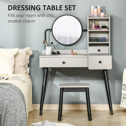 Modern Style Dressing Table with Round Mirror & Stool