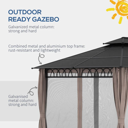 Hard Top Double Polycarbonate Roof Gazebo with Nettings & Curtains - 3x3 (m) - Black / Dark Khaki