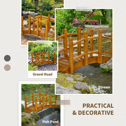 Wooden Garden Bridge Arc with Safety Railings for Pond / Garden Stream