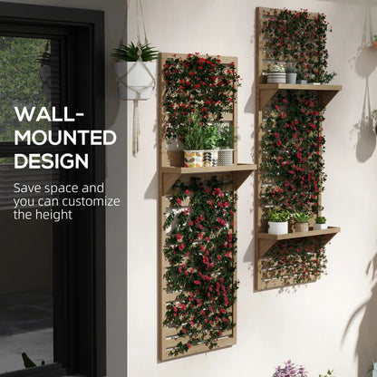 Set of 2 - Wall Mounted Plant Stand / Flower Rack with Back Trellis - Natural Wood Effect