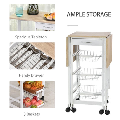 Drop Leaf Kitchen Cart Trolley with 3 Wire Basket Drawers and Extendable Countertop