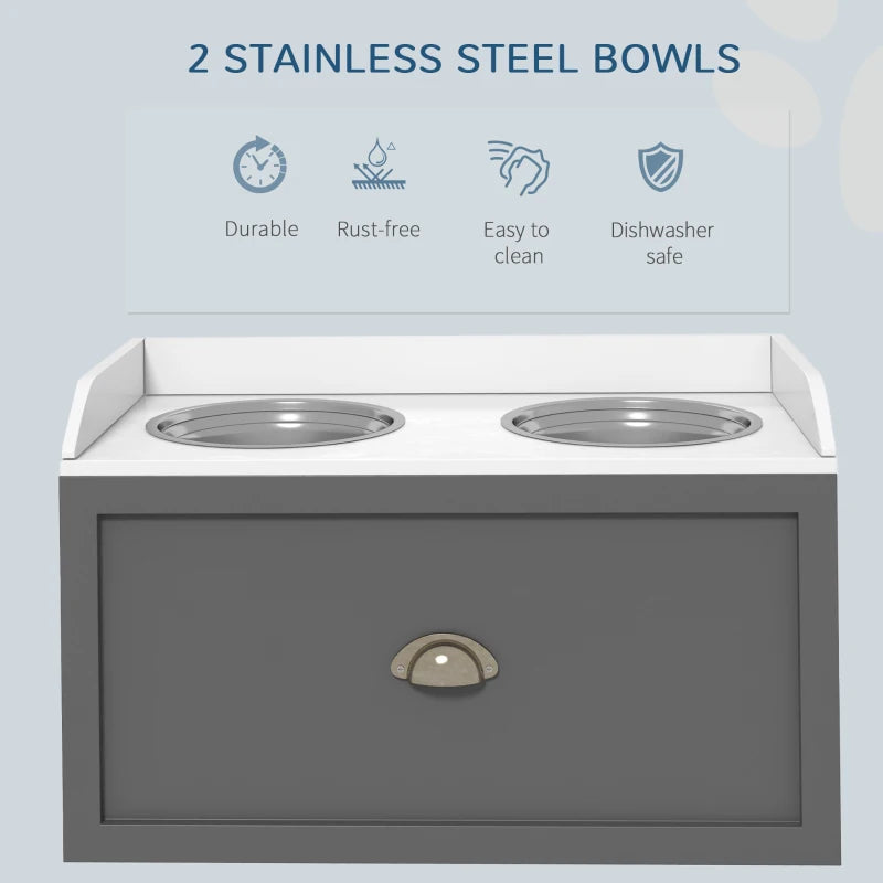 Raised Dog Feeder with 2 Stainless Steel Bowls & 21L Storage Drawer - Grey