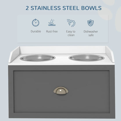 Raised Dog Feeder with 2 Stainless Steel Bowls & 21L Storage Drawer - Grey