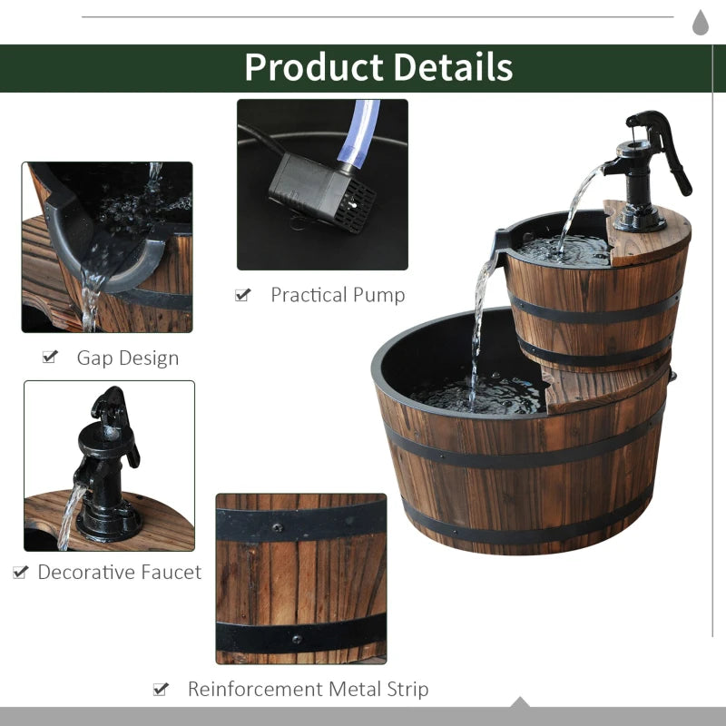 2-Tier Double Barrel Waterfall Garden Fountain with Pump