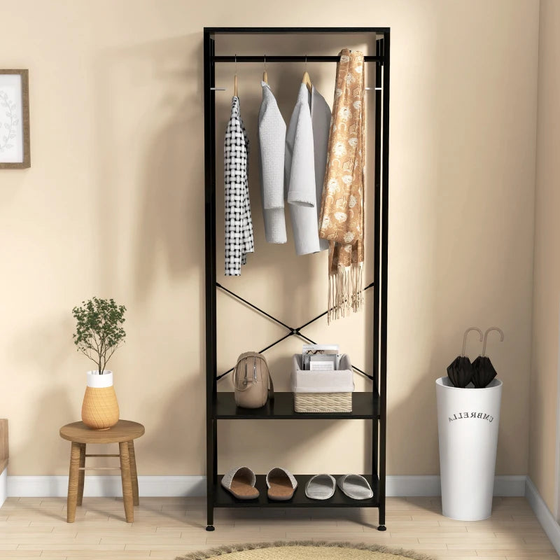 Slimline Steel Frame Coat Rack with Hanger Rail and 2-Tier Shoe Shelving