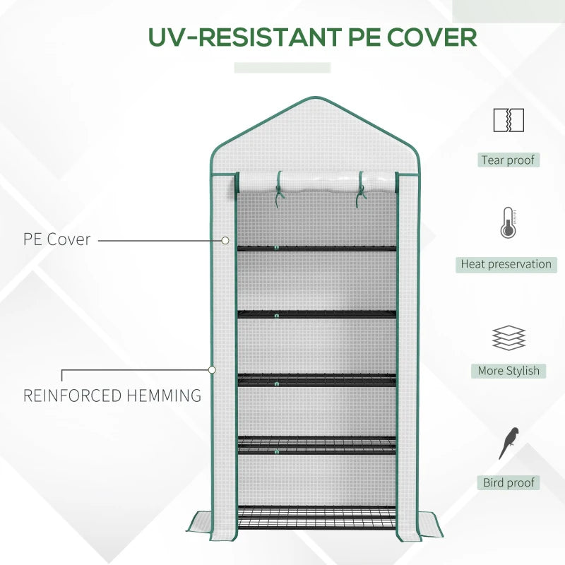 5-Tier Slimline Tall Greenhouse with Roll-Up Door and Wire Shelves - White / Green