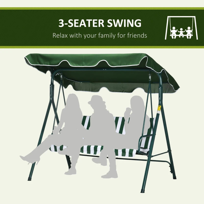 3-Seater Swing Chair with Adjustable Overhead Sun Protection Canopy - Green / White Stripe