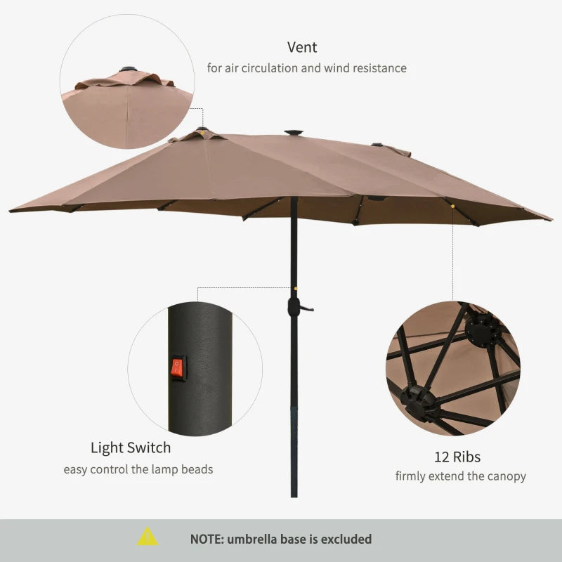 LED - Double Sided Parasol Sun Umbrella - Solar Lights - (4.4m) - (Base Not Included) - Khaki