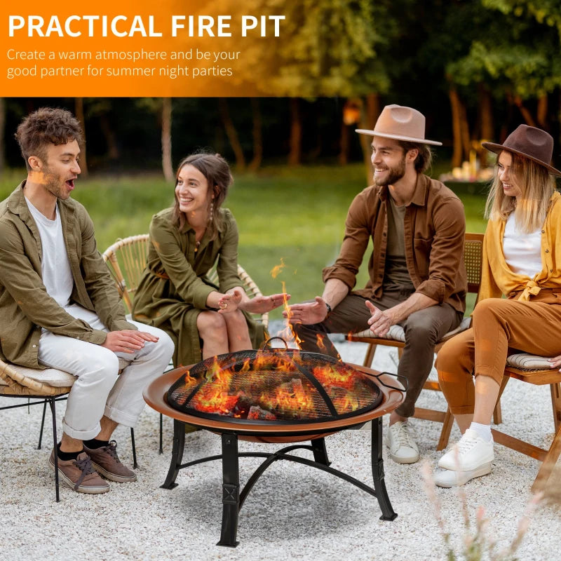 76cm Large Firepit Bowl / Round Fire Pit with Lid, Log Grate and Poker