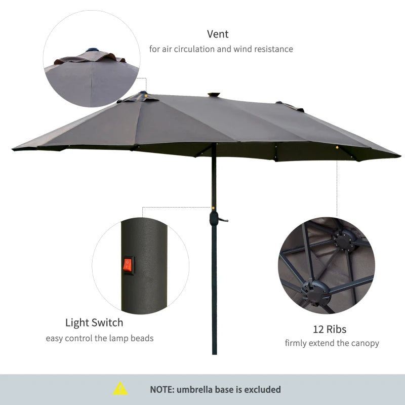 LED - Double Sided Parasol Sun Umbrella - Solar Lights - (4.4m) - (Base Not Included) - Dark Grey