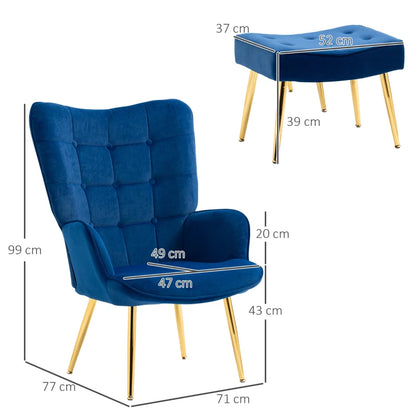 Velvet Wingback Modern Armchair with Footstool Chair with Steel Legs - Blue