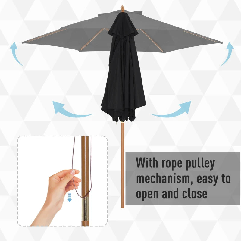 2.5m - Wooden Garden Parasol Outdoor Canopy Sun Shade for Patio - Black