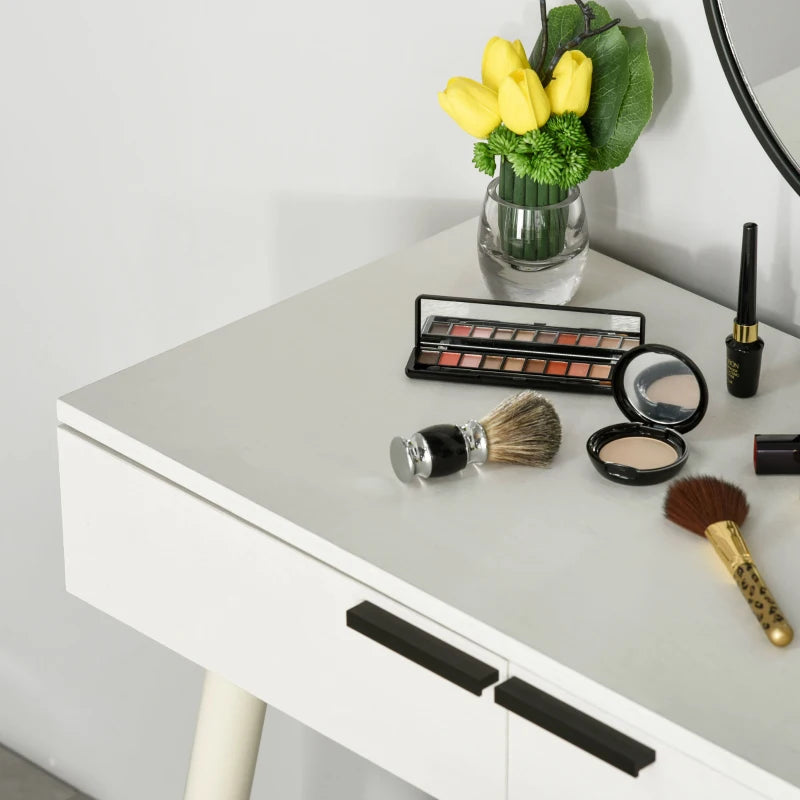 Dressing Table with Black Tone Bezel Circular Vanity Mirror and 2-Drawer Storage