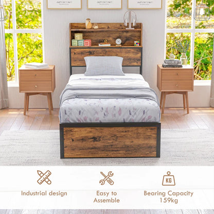 Single - Industrial Style Single Bed Frame with Storage Headboard and Underneath Storage