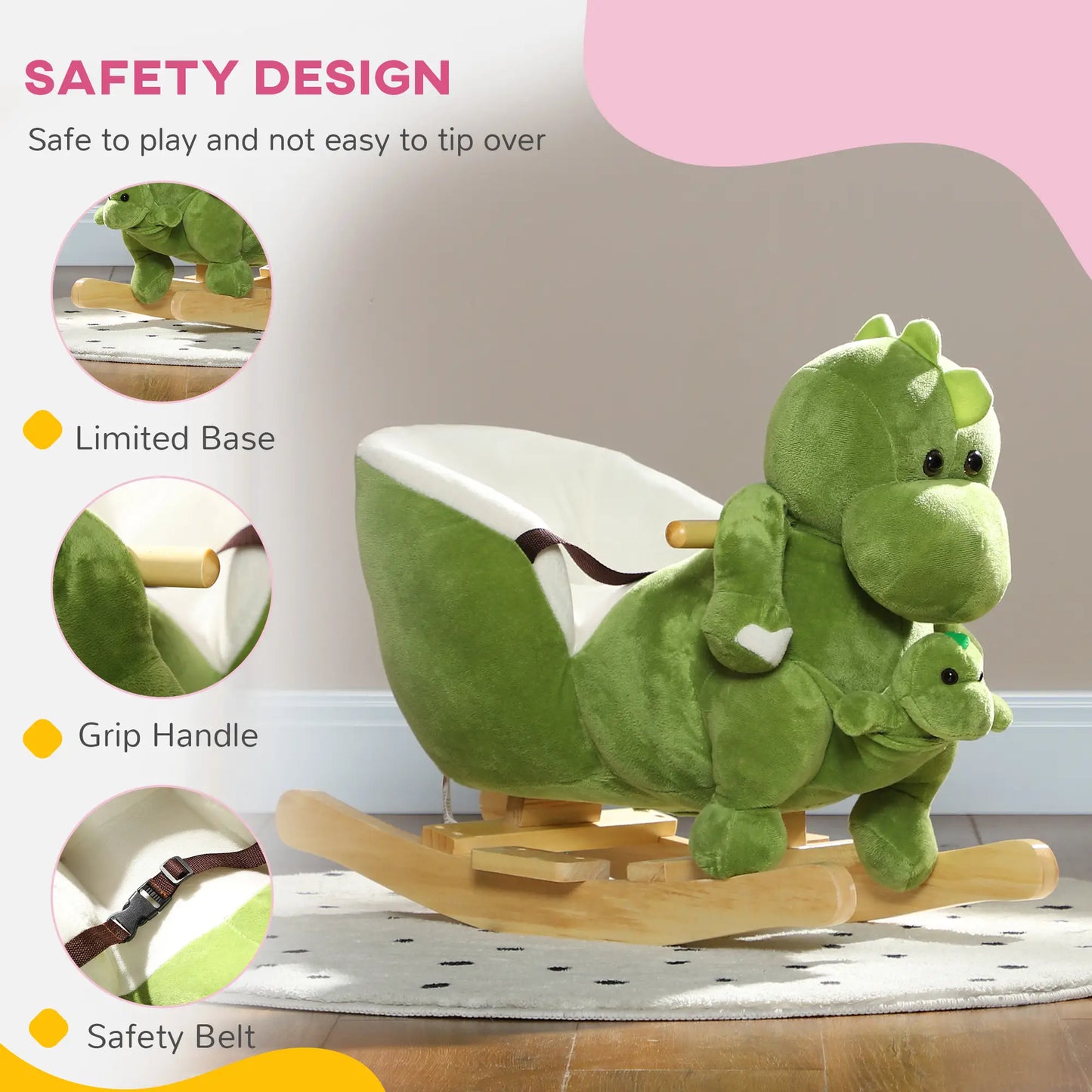 Dinosaur Shaped Ride on Rocking Horse with Safety Belt and Bucket Seat