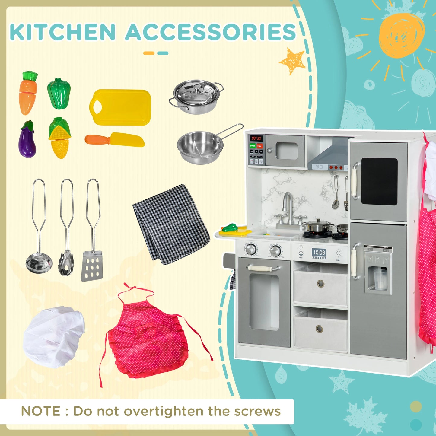 Toy Kitchen Playset with Lights, Sounds, Apron - White