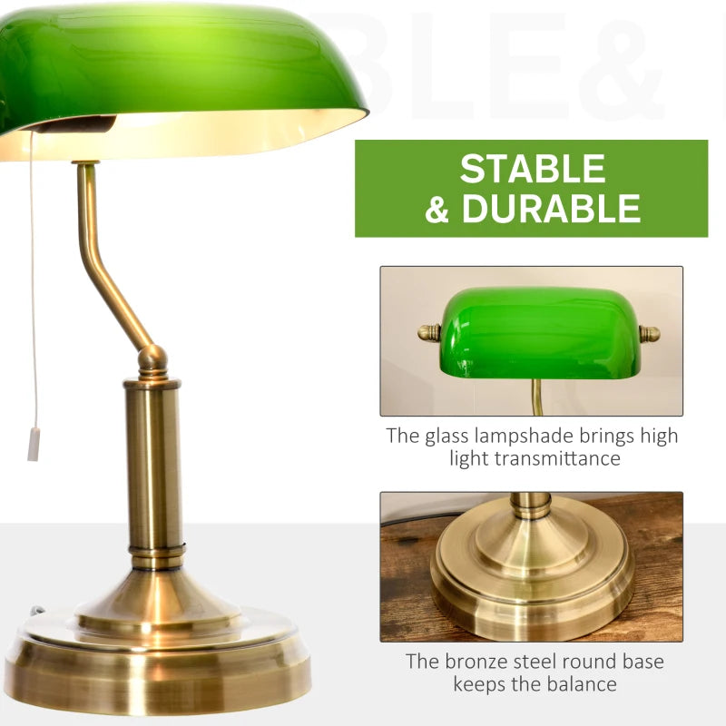 Traditional Banker's Tabletop Desk Lamp with Green Glass Shade & Antique Bronze Base