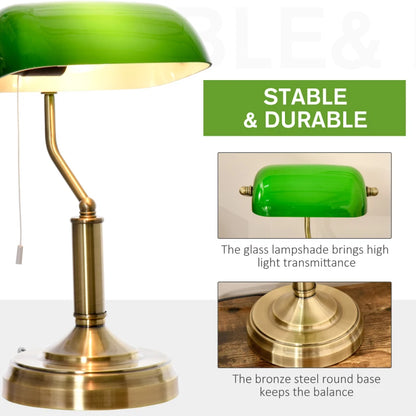 Traditional Banker's Tabletop Desk Lamp with Green Glass Shade & Antique Bronze Base