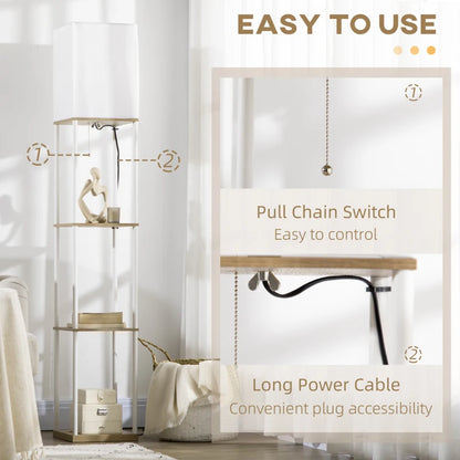 3-Tier Storage Floor Lamp Tall with Fabric Lampshade and Pull Chain Switch