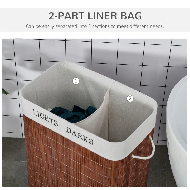 Lights & Darks - Laundry Basket Separator with Lid String Handles & 2 Sections - Brown Wood Effect