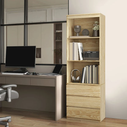 180cm Tall Bookcase with 3-Tier Shelving and 3 Drawer Storage Compartments - Wood Effect