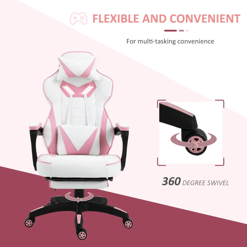 Computer Gaming Chair with Lumbar Support and Footrest - Pink / White