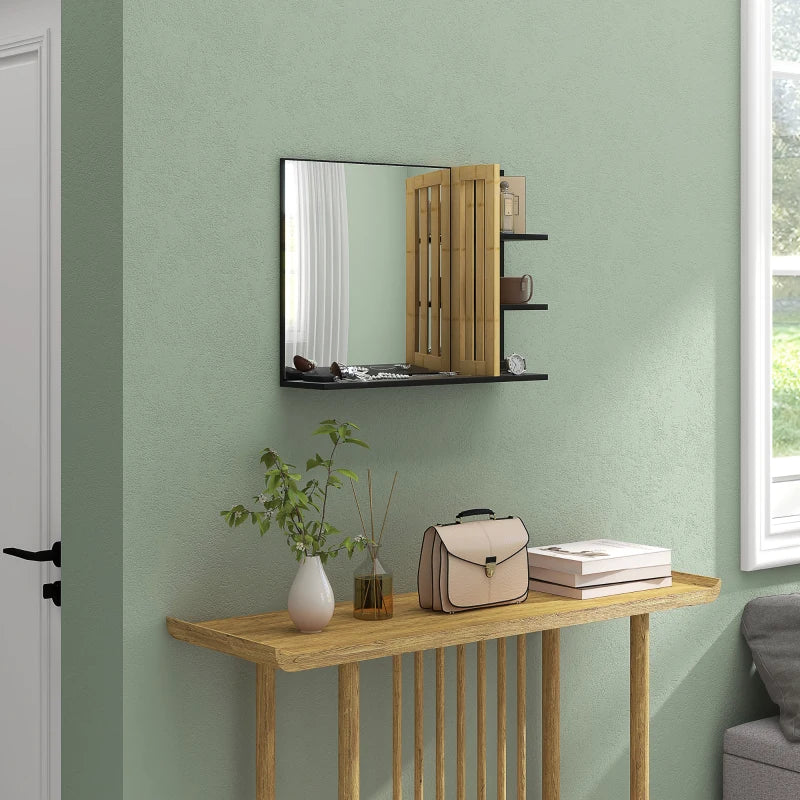 Mounted Wall Mirror with Bamboo Panel Split Open Style 3 Shelf Storage