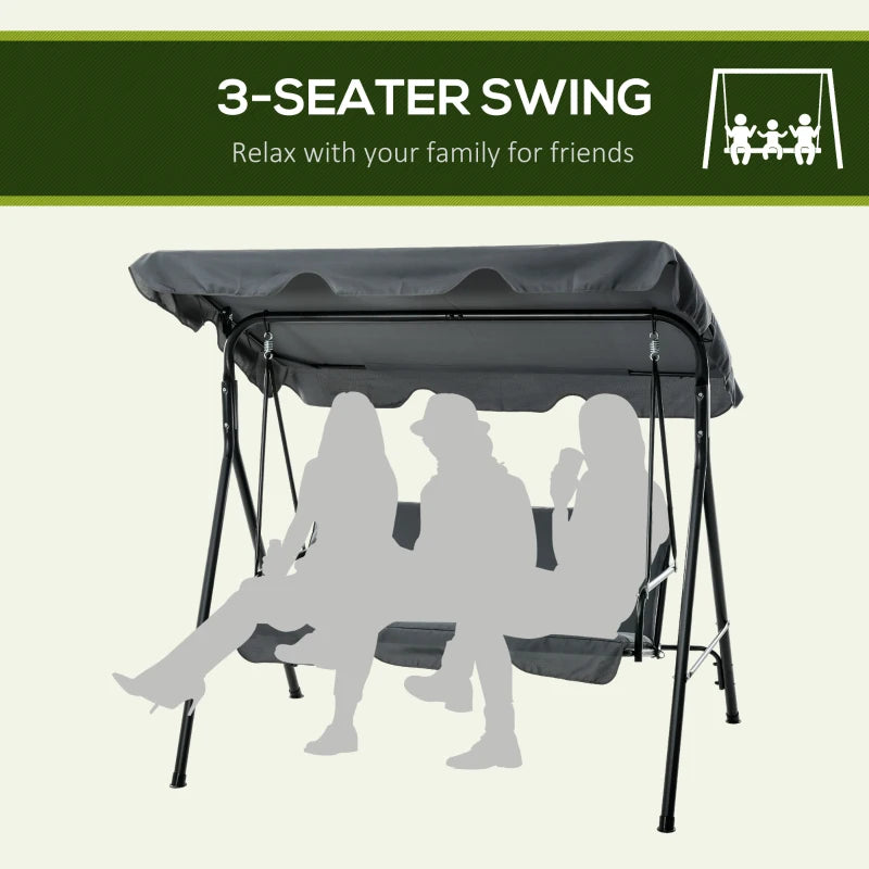 3-Seater Swing Chair with Adjustable Overhead Sun Protection Canopy - Grey