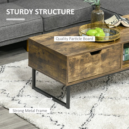 Rustic Style Coffee Table with Storage Shelf, Drawer and Metal Frame