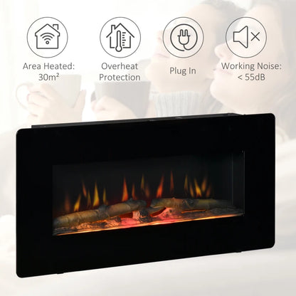 Electric Wall Mounted Fireplace Heater with Adjustable Flame Effect and Remote Control