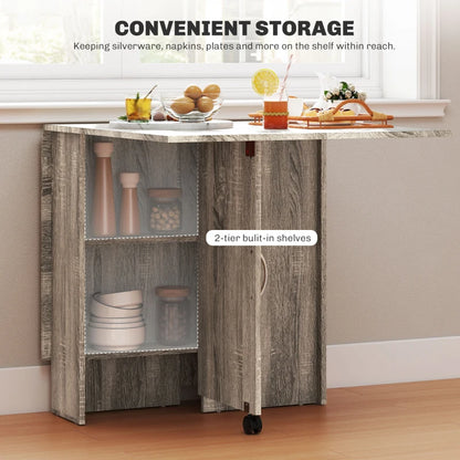 Foldaway Drop Leaf Dining Table with 2-Tier Shelving - Natural Grey Wood Finish