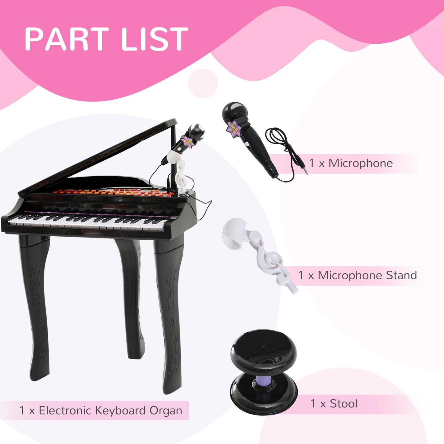 Mini Electronic Piano with Stool and Microphone Stand - Black