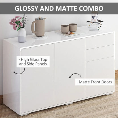 High Gloss Push-Open Design Storage Cabinet with Large & Small Cupboard and 2 Flatbed Drawers - White