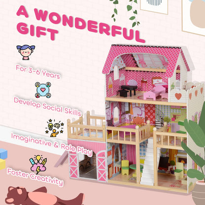 3-Storey Wooden Dolls House Play Set with 13 Pieces and Accessories