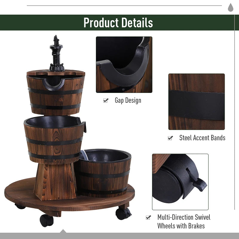 3-Tier Wooden Barrel Cascading Water Fountain Garden Feature with Pump