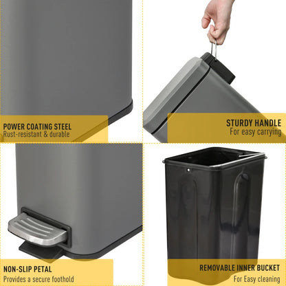 5L - Compact Steel Body - Step Bin with Removable Bucket and Quiet Close Lid