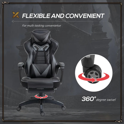 Computer Gaming Chair with Lumbar Support and Footrest - Grey / Black