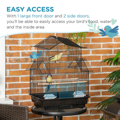 Metal Tabletop Bird Cage - House Style Design with Swing, Perches, Feeding Cups and Dropping Tray