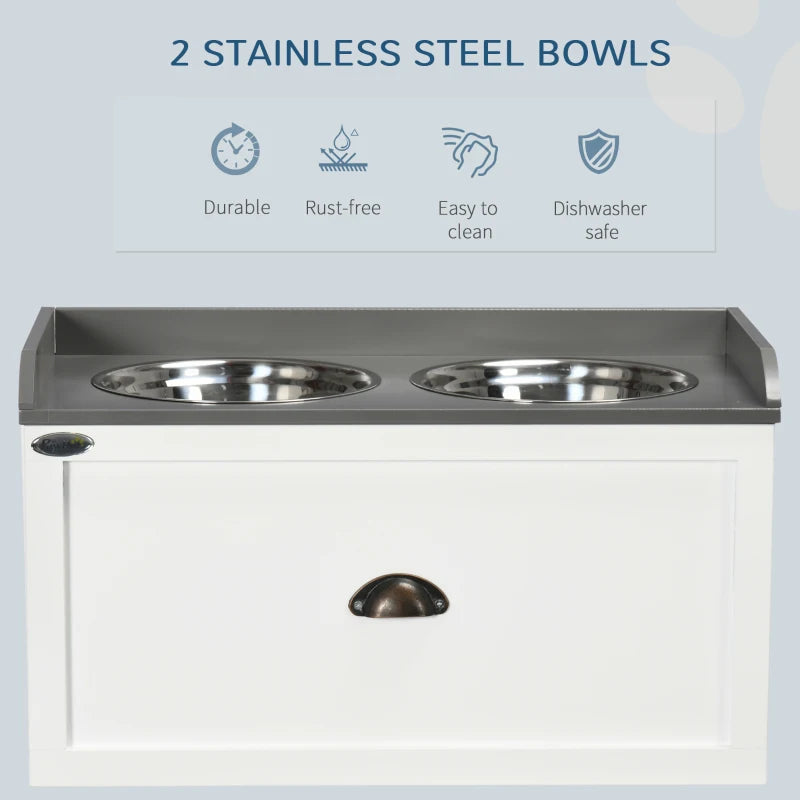 Raised Dog Feeder with 2 Stainless Steel Bowls & 21L Storage Drawer - White