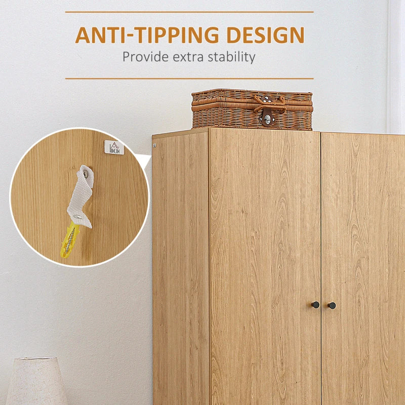 Wooden Freestanding Wardrobe with 2 Drawer Storage and Wooden Pole Feet