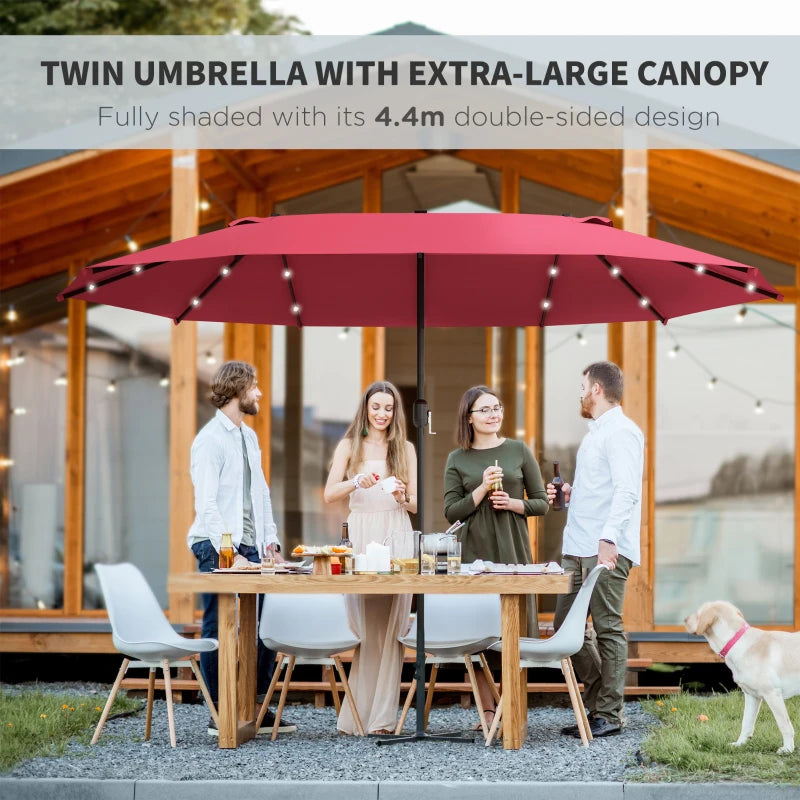 LED - Double Sided Parasol Sun Umbrella - Solar Lights - (4.4m) - (Base Not Included) - Wine Red