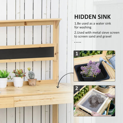 Wooden Potting Bench with Side Table, Chalkboard, Multi-Storage, Metal Sieve Screen and Hidden Sink