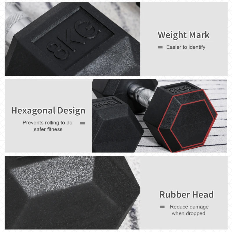 Strength Training Rubber Hex Weight Set - 2x 5kg, 2x 6kg, 2x 8kg