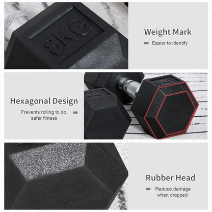 Strength Training Rubber Hex Weight Set - 2x 5kg, 2x 6kg, 2x 8kg