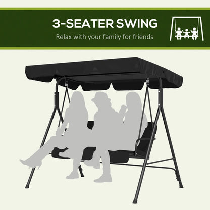 3-Seater Swing Chair with Adjustable Overhead Sun Protection Canopy - Black